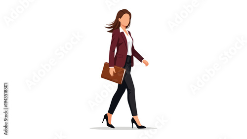 Confident Professional Walking: A poised woman, dressed in professional attire, strides purposefully forward, embodying modern elegance and corporate readiness.