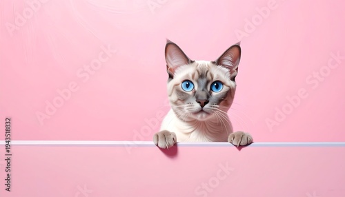 A Siamese cat with piercing blue eyes peeks over a pink surface against a soft pink backdrop, creating a captivating portrait