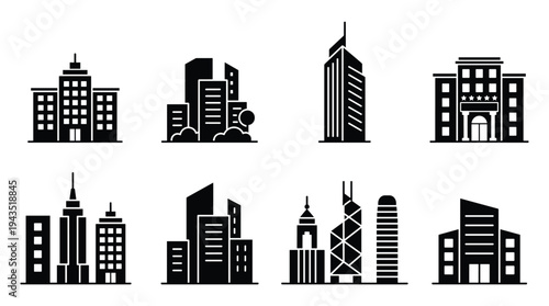 Set of black city buildings and skyscrapers vector illustration collection