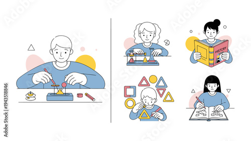 Exploring Curiosity: A captivating illustration showcases children engrossed in the pursuit of knowledge. They experiment with shapes, and read books.