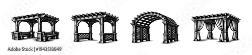 Black and white vector silhouette of pergola and arbor structures set