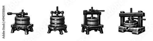 Vintage wine press illustrations set in black and white vector style