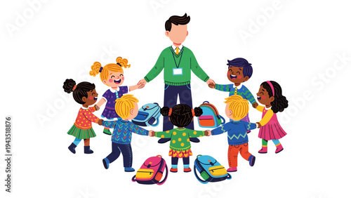 Harmony Circle: A teacher leads a circle of diverse, bright-eyed children, symbolizing unity, friendship, and the beauty of working together.