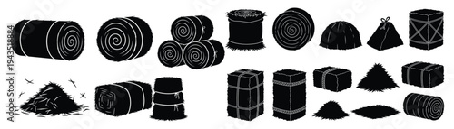 Collection of black silhouette farm hay bales and stacks