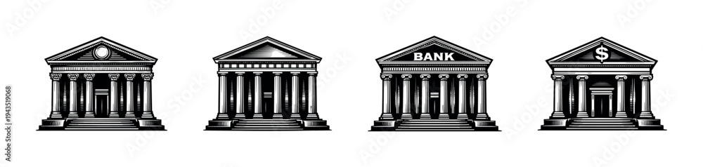 Fototapeta premium Vintage black and white bank building illustrations set in silhouette style
