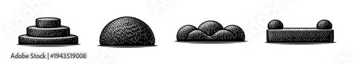 Black and white topiary set illustration, silhouette of botanical elements and shapes