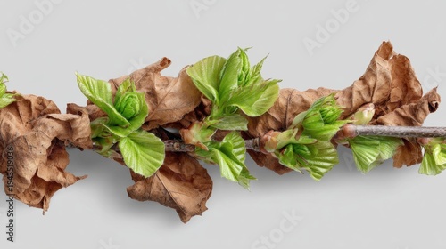 Branch with dried leaves and emerging green buds symbolizing seasonal transition. Natural concept of renewal, regeneration and shift from winter dormancy to fresh spring growth