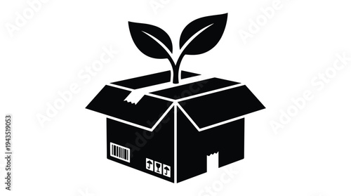 Seedling growing out of cardboard box icon illustration