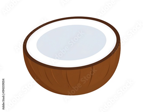 A single coconut half, revealing the white flesh within a dark brown shell, against a clean white background