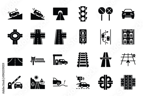 Collection of traffic and road symbols silhouette icons