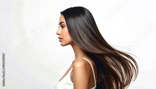 A side profile of a woman with long, shiny, dark hair flowing behind her against a white backdrop. She wears a white top