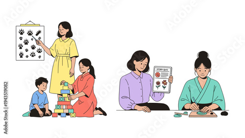 Teachers Inspire and Nurture: A collection of educational illustration depicts educators engaging with students, guiding them through exploration, play, and learning.