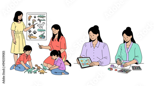 Educational Mom's Work and Care: A vibrant illustration depicts a mother's multifaceted role.
