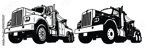 Two heavy duty tow trucks in black and white silhouette style
