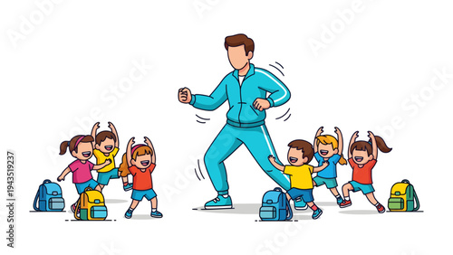 Young Athletes in Training: A group of enthusiastic children, guided by their coach, engage in a playful exercise session, embodying the spirit of teamwork, vitality, and health
