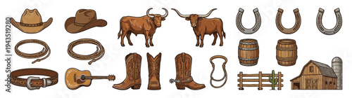 Cowboy and Wild West Icon Set Featuring Longhorn Cattle Leather Boots Hat Lasso Horseshoe and Rural Ranch Equipment for Western Theme Design Vector Illustration Graphic Isolated on White