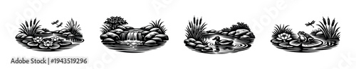Black and white nature pond illustrations with frogs ducks and water lilies silhouette