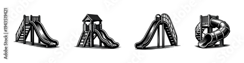 Black and white playground slide silhouette vector set with multiple slide designs