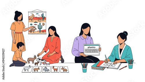 Teaching Moments: Depicting a scene of various learning activities with teacher and children, this image celebrates education. This illustration-style design can be used for the education industry. 