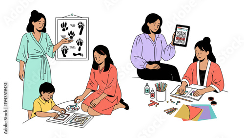 Creative Moments: Artistic pursuits unfold, a scene of concentrated focus and shared exploration, offering a glimpse into the joy of learning and the delight of creative expression.