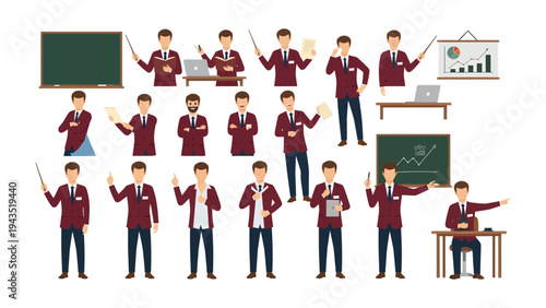 Lecturer in multiple actions: a lecturer demonstrates various actions in a classroom setting, showcasing a range of poses and gestures.