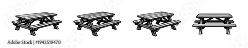 Vector illustration of wooden picnic tables in black and white style set