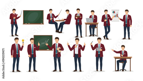 Academic presentation set: A collection of illustrations presenting a smart man, embodying the essence of academia and learning. Portraying knowledge sharing and educational settings.
