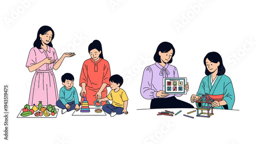 Daily life: Four different moments capturing the essence of nurturing and learning, showcasing the bond between caregiver and child. 