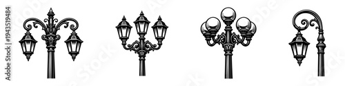 Elegant vintage street lamps silhouette set in black and white, vector illustration