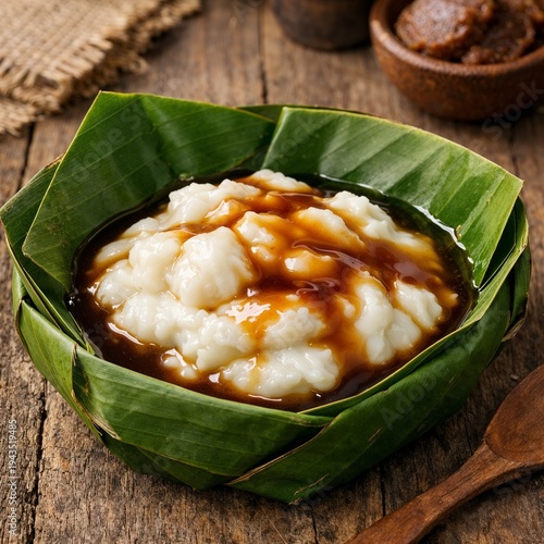 Traditional Indonesian bubur sumsum dessert with palm sugar syrup in a banana leaf bowl, rustic close-up food photography for authentic culinary menus.