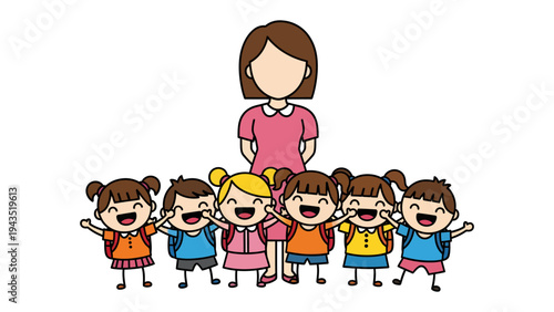 Teacher and Students: A teacher stands proudly with a group of cheerful students. Capturing the essence of education, unity, and the joy of learning
