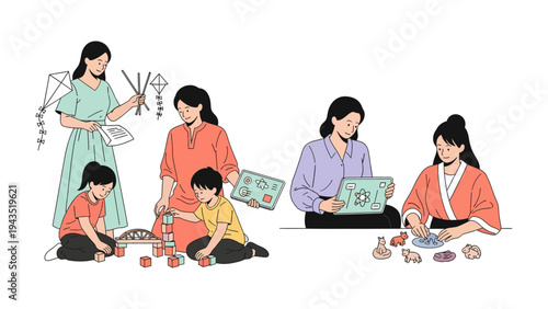 Playful Moments: A heartwarming scene unfolds as a dedicated figure engages with children in various creative activities, fostering growth and learning through playful interaction.