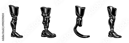 Detailed prosthetic limb collection illustration black and white vector silhouette set