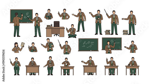 Teacher in the classroom illustration: A comprehensive illustration showcasing various engaging teacher poses in the classroom, emphasizing education, teaching and interaction.