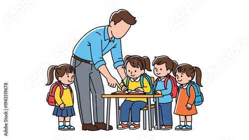Classroom Guidance: A teacher gently assists a student at her desk while other students watch attentively, illustrating the nurturing environment of a classroom.