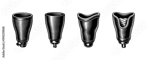 Set of four vintage prosthetic socket illustrations in black and white style