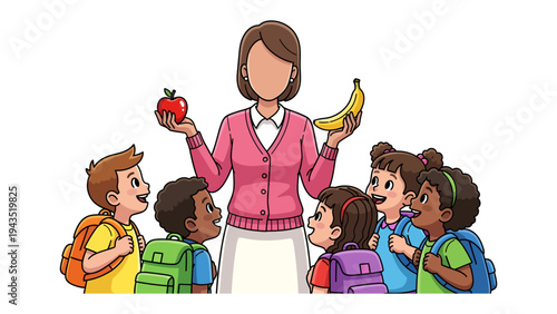 Teacher and Students: A caring educator, flanked by attentive pupils, showcases an apple and a banana, exemplifying healthy eating habits and the vibrancy of youth.
