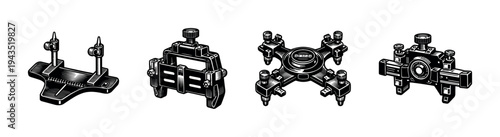 Detailed black and white mechanical clamps and devices vector illustration set