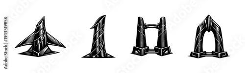 Futuristic rocket ship silhouette set black and white vector illustration