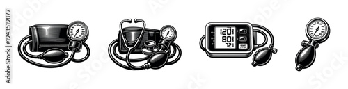 Black and white medical equipment set with stethoscope blood pressure monitor illustration vector