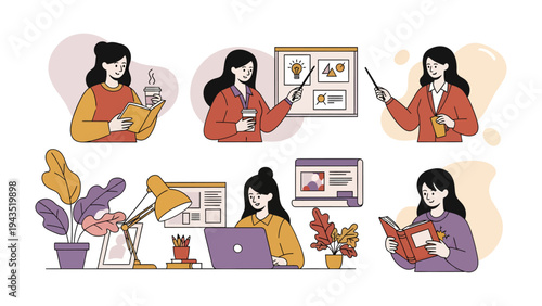 Daily Routine: Six diverse images of a lady, immersed in reading, presenting, and working with modern tools, showcasing her everyday routines.