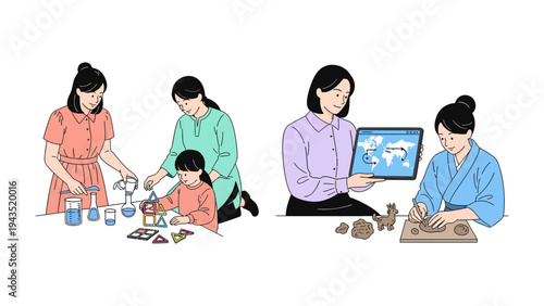 Learning Together: A heartwarming scene showcases a parent and child engaged in educational activities, including science experiments and creative art projects, fostering curiosity and growth.