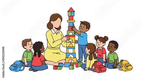 Building a Bright Future: A caring educator guides a circle of diverse children in constructing a vibrant tower of blocks, symbolizing growth, learning, and collaboration. 