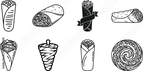 Shawarma and doner kebab icons: middle eastern street food vector graphics
