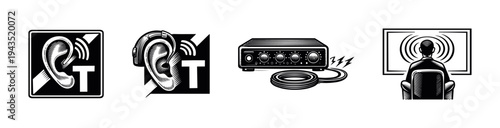 Retro style vector illustrations of headphones ear amplifier and person with sound waves