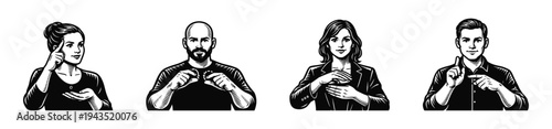 Black and white vector illustrations of people using sign language gestures