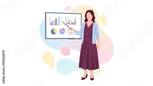 Data Visualization and Presentation: An educator is using a presentation screen, teaching charts and diagrams in a lesson.