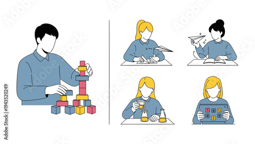 Creative Endeavors: Engaging illustrations depicting people engrossed in a variety of creative activities, from constructing a tower with blocks to writing, drawing, and crafting.
