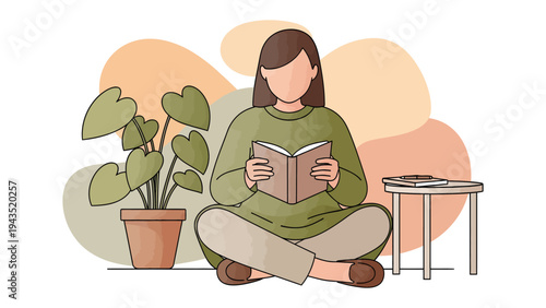 Reading with Green Companion: A person engrossed in a book in a tranquil indoor scene, flanked by a potted plant and a small stool. A perfect depiction of leisure and learning.