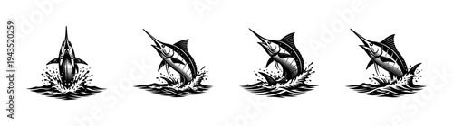 Black and white vector illustration of marlin fish silhouette set in dynamic ocean splash